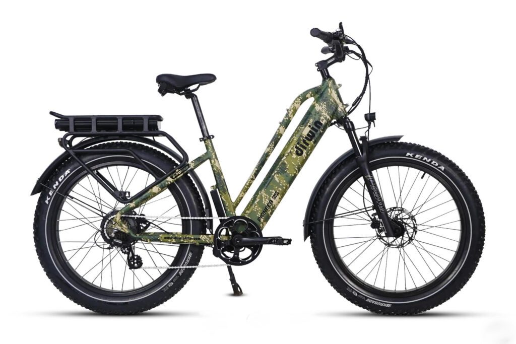 Dirwin Pioneer Plus fat tire hunting ebike in Green Camo finish, dual battery, perfect for silent backcountry access.