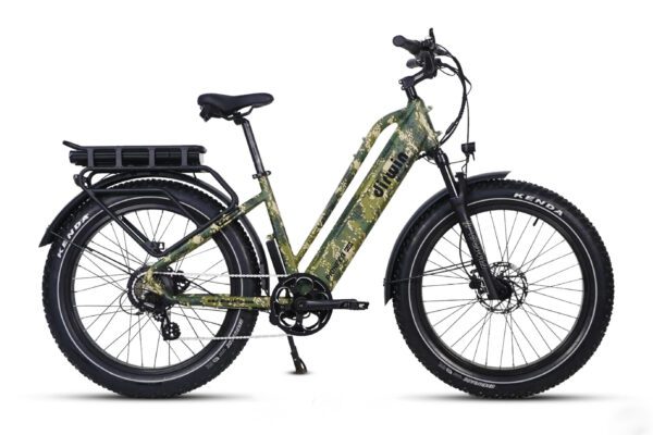 Dirwin Pioneer Plus fat tire hunting ebike in Green Camo finish, dual battery, perfect for silent backcountry access.