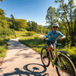 A Class 1 electric commuter bike being ridden on a paved greenway trail lined with trees.
