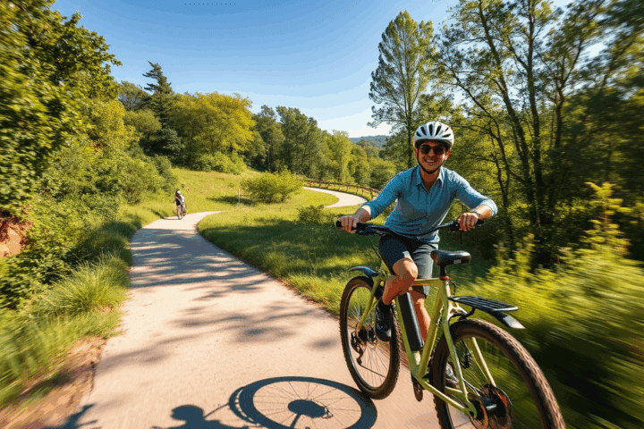 A Class 1 electric commuter bike being ridden on a paved greenway trail lined with trees.