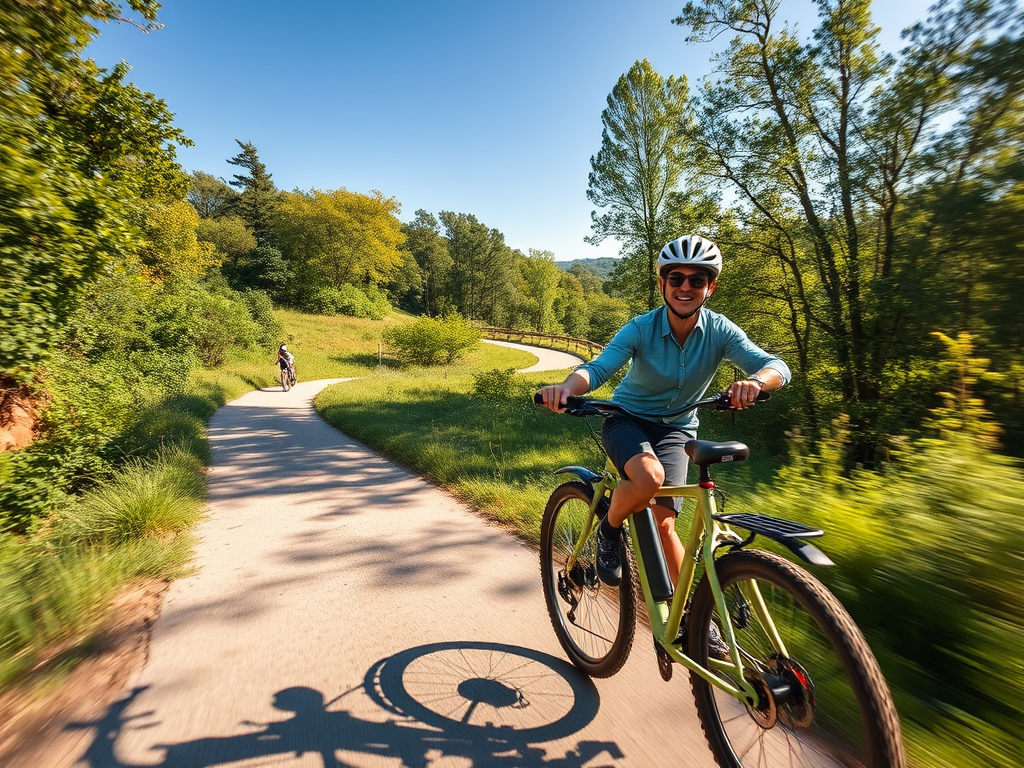 A Class 1 electric commuter bike being ridden on a paved greenway trail lined with trees.